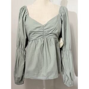 NEW Altar’d State age Green Babydoll Blouse Sweetheart Neck Puff Long Sleeve L